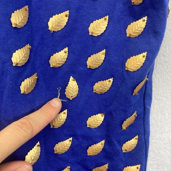 READ! Vintage Gene Ewing Bis Bis Gold Leaf Embellished Blue Knit Tee Top Small - Picture 9 of 16